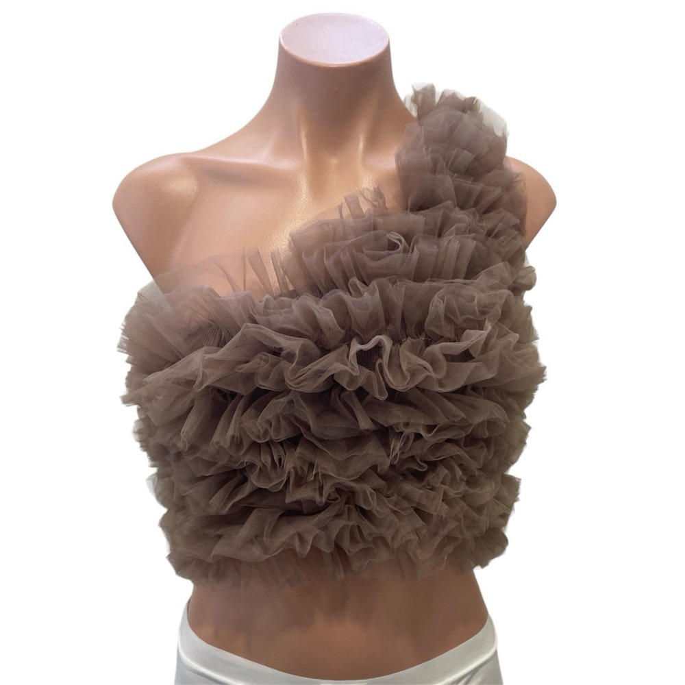 Zara Asymmetric One-Shoulder Tulle Ruffled Bandage Crop Top Taupe/brown Sz Small